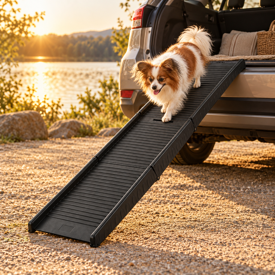 Papillon-type dog walking down a black dog ramp from an SUV trunk by a lake at sunset