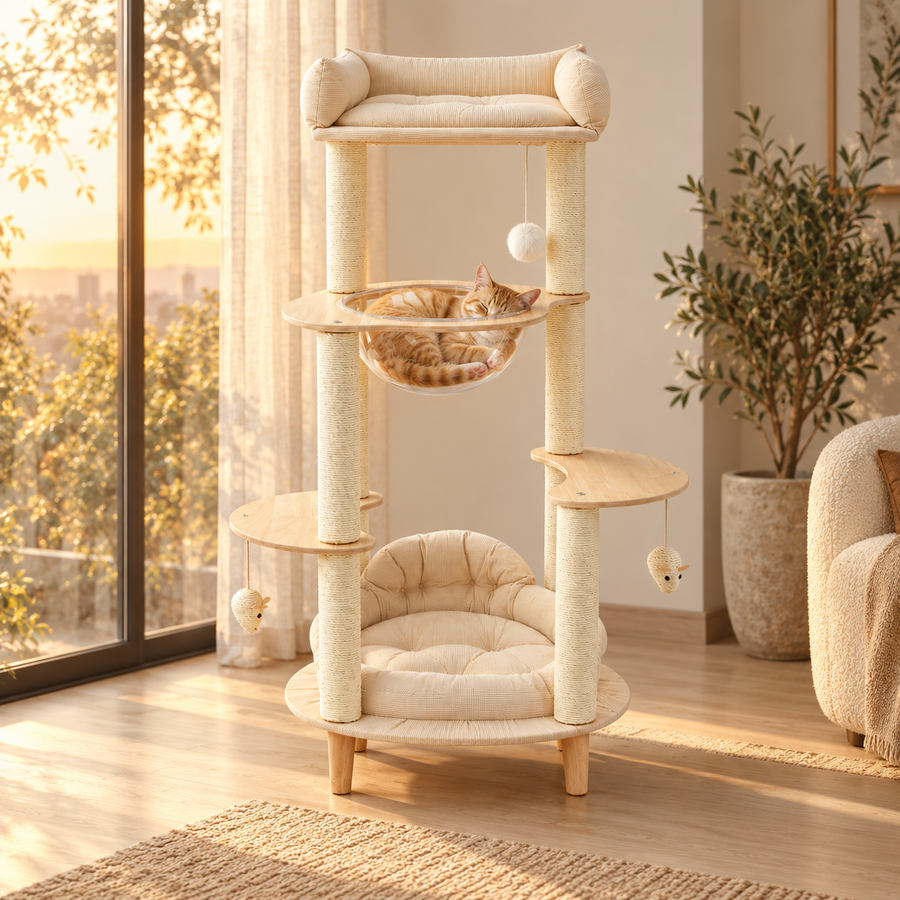 Orange tabby cat curled up in the clear capsule bowl of a tall cream wooden cat tree by a sunny window