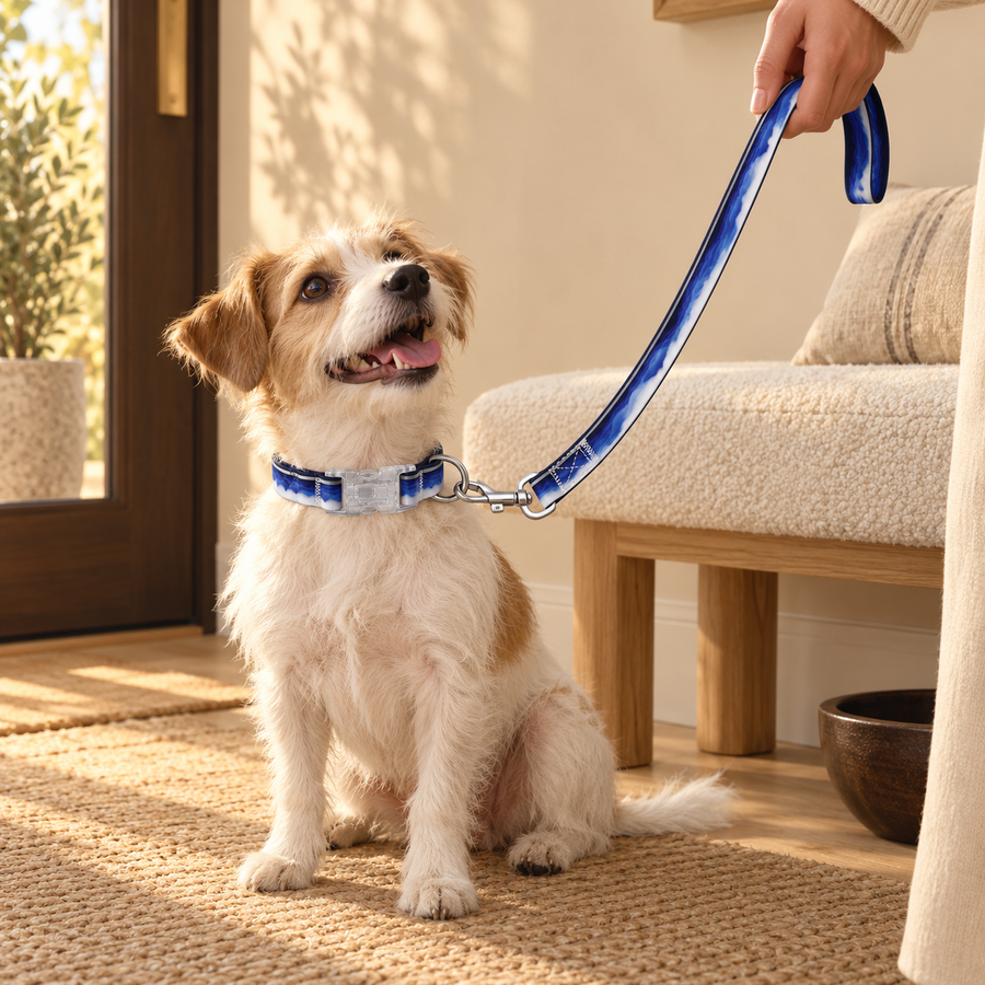 White-and-tan dog sitting beside a cream bench in a navy-and-white collar with its matching leash
