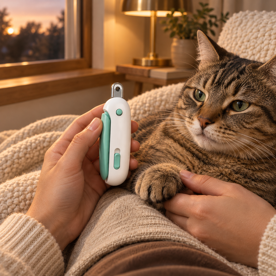 Tabby cat resting on a lap by a window at dusk while a hand holds a small white and mint nail clipper