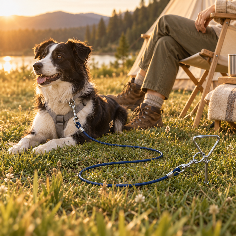 Black-and-white dog resting on a campsite meadow, clipped to a staked navy leash beside its owner