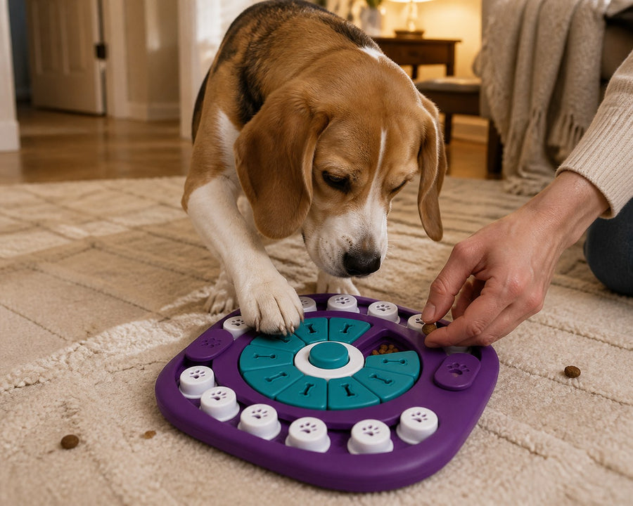 A beagle solving the BrainBite puzzle, a hand nudging a treat into place