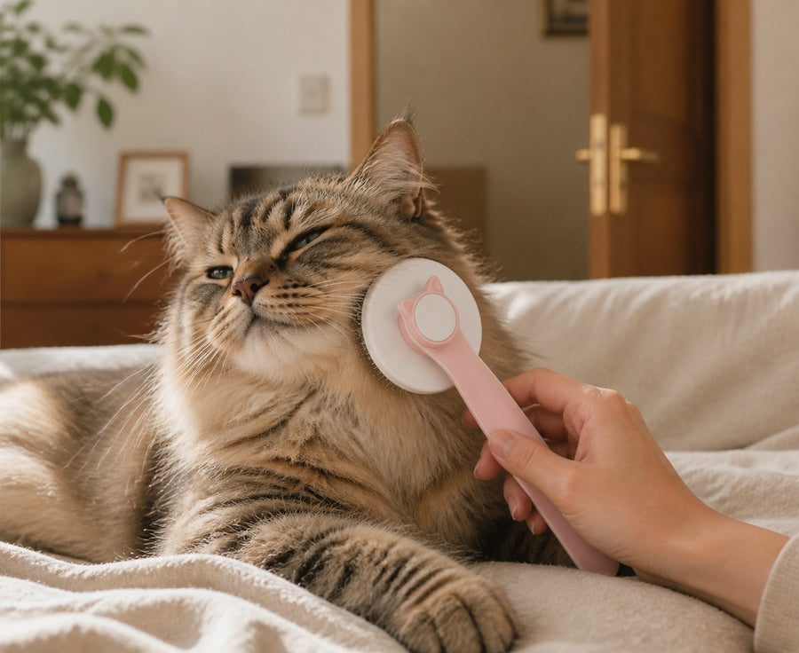 A cat leaning into the PurrComb in its owner's hand