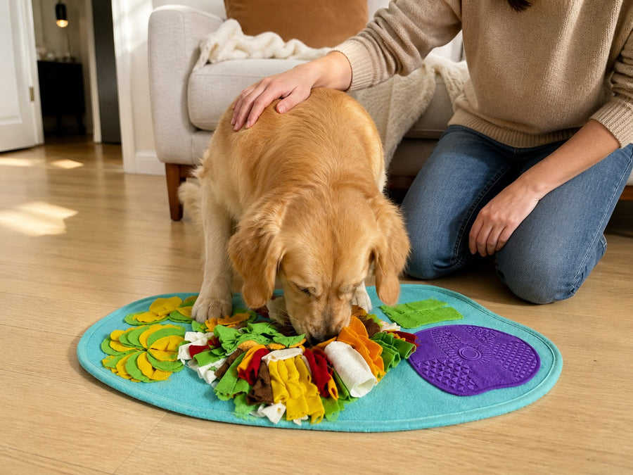 Evening on the rug — a golden retriever working the SniffQuest snuffle pad while its owner watches
