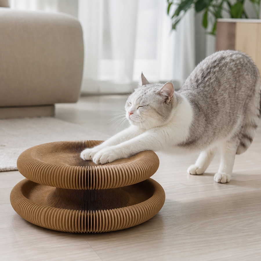 Orbly CurlScratch corrugated cat scratcher — In-use Context
