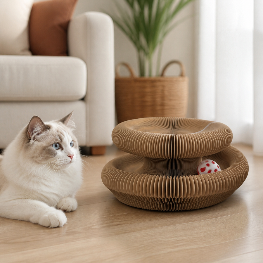 Orbly CurlScratch corrugated cat scratcher — Scale/Lifestyle/Packaging