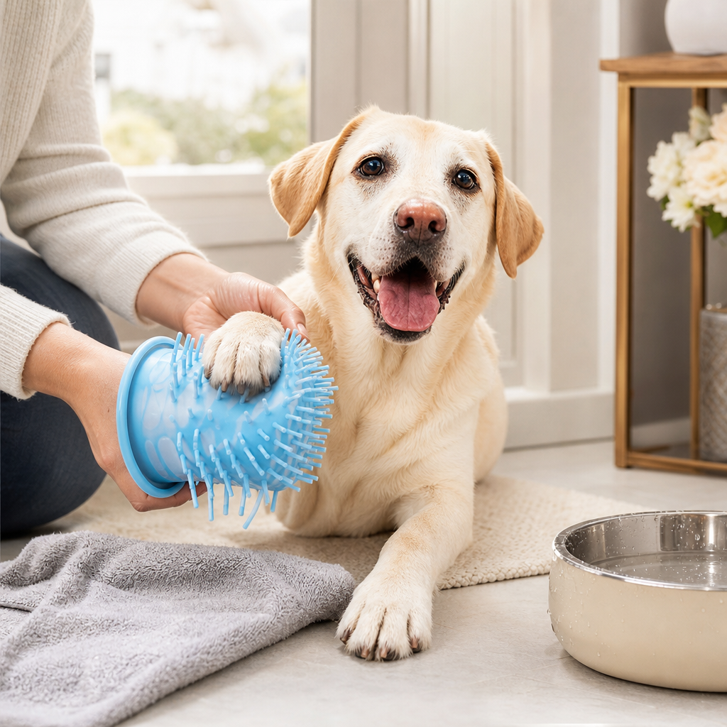 Orbly MudFree paw cleaner cup story image 1: Clean Paws, Spotless Floors