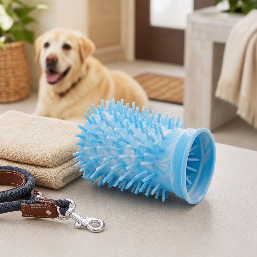 Orbly MudFree paw cleaner cup — Scale/Lifestyle/Packaging