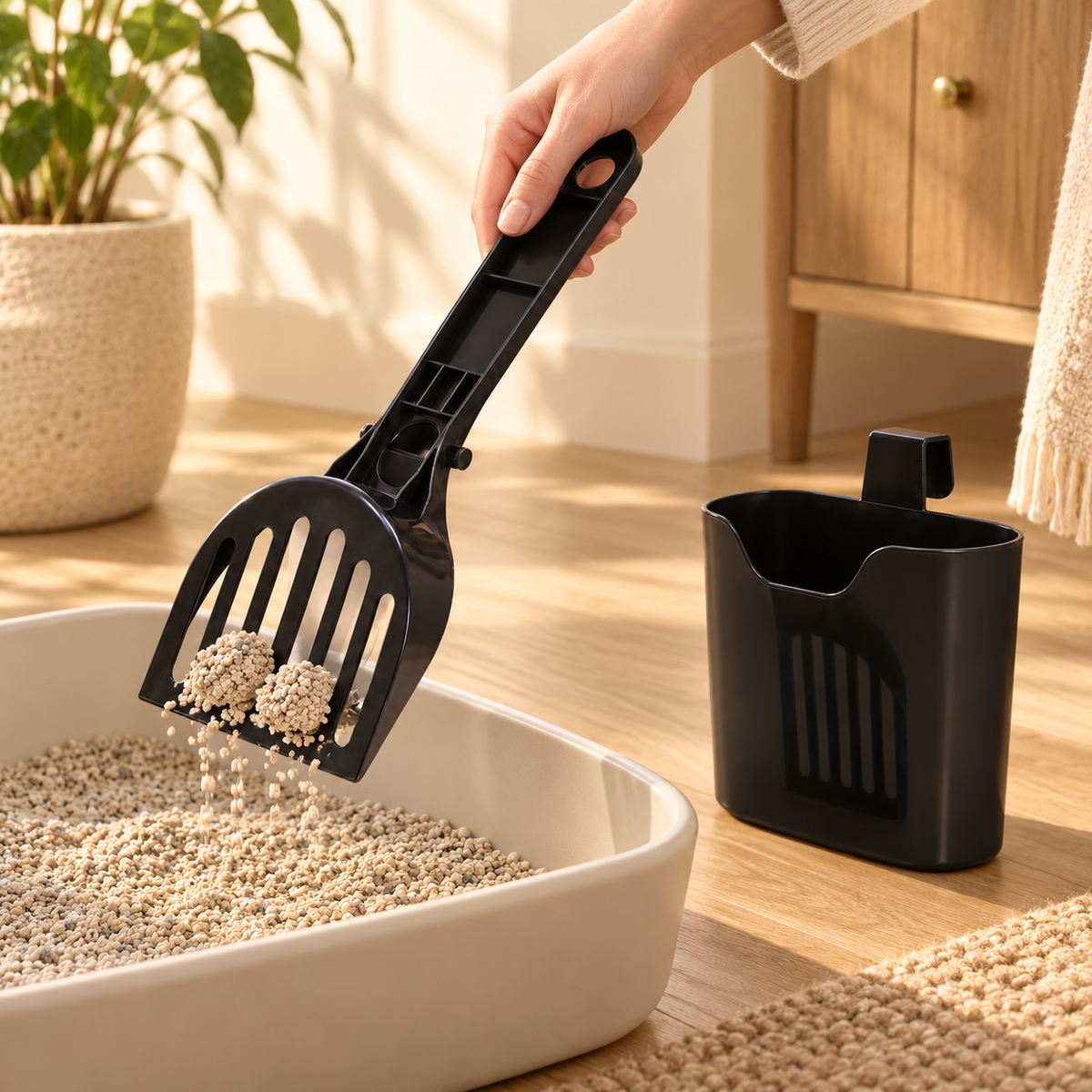 Hand lifting litter with a black slotted scoop above a cream tray, with the matching holder nearby