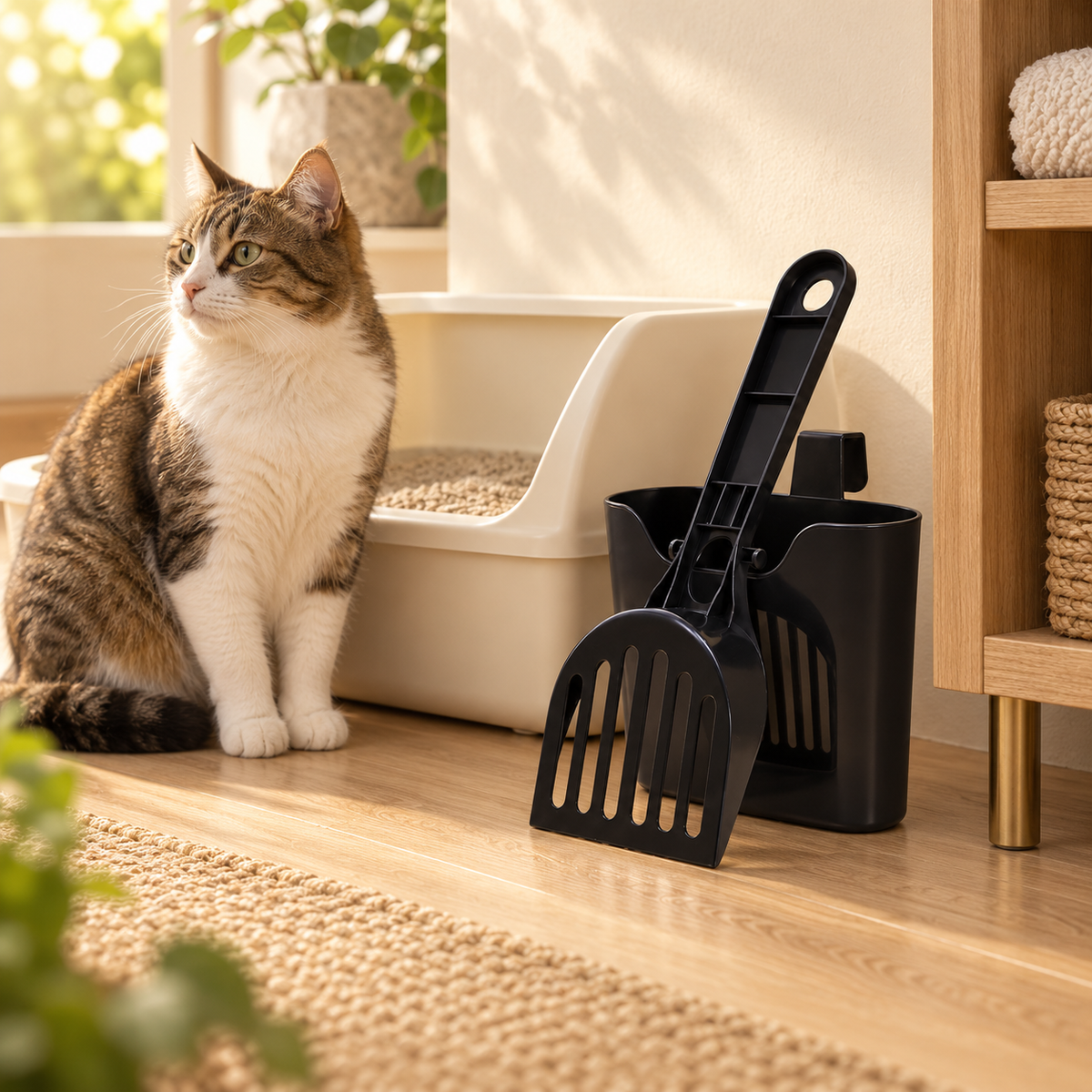 Black litter scoop and holder beside a cream litter box, with a tabby and white cat sitting to the left