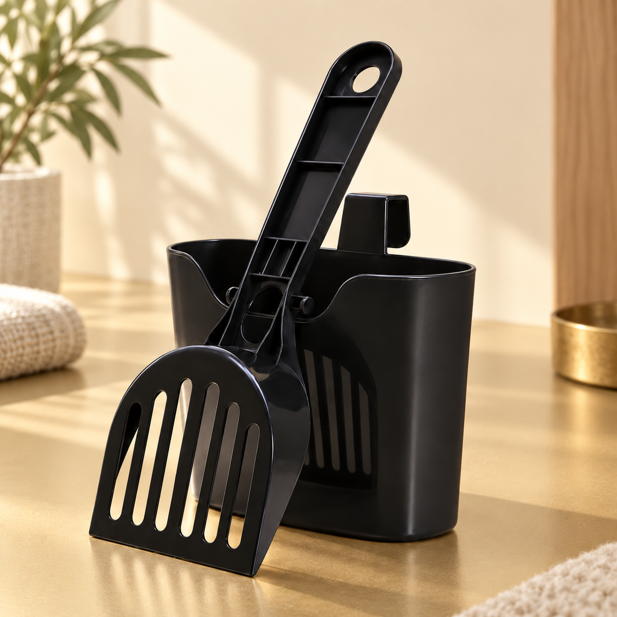 Black scoop with long handle, round hanging hole and side hook resting against its matching holder