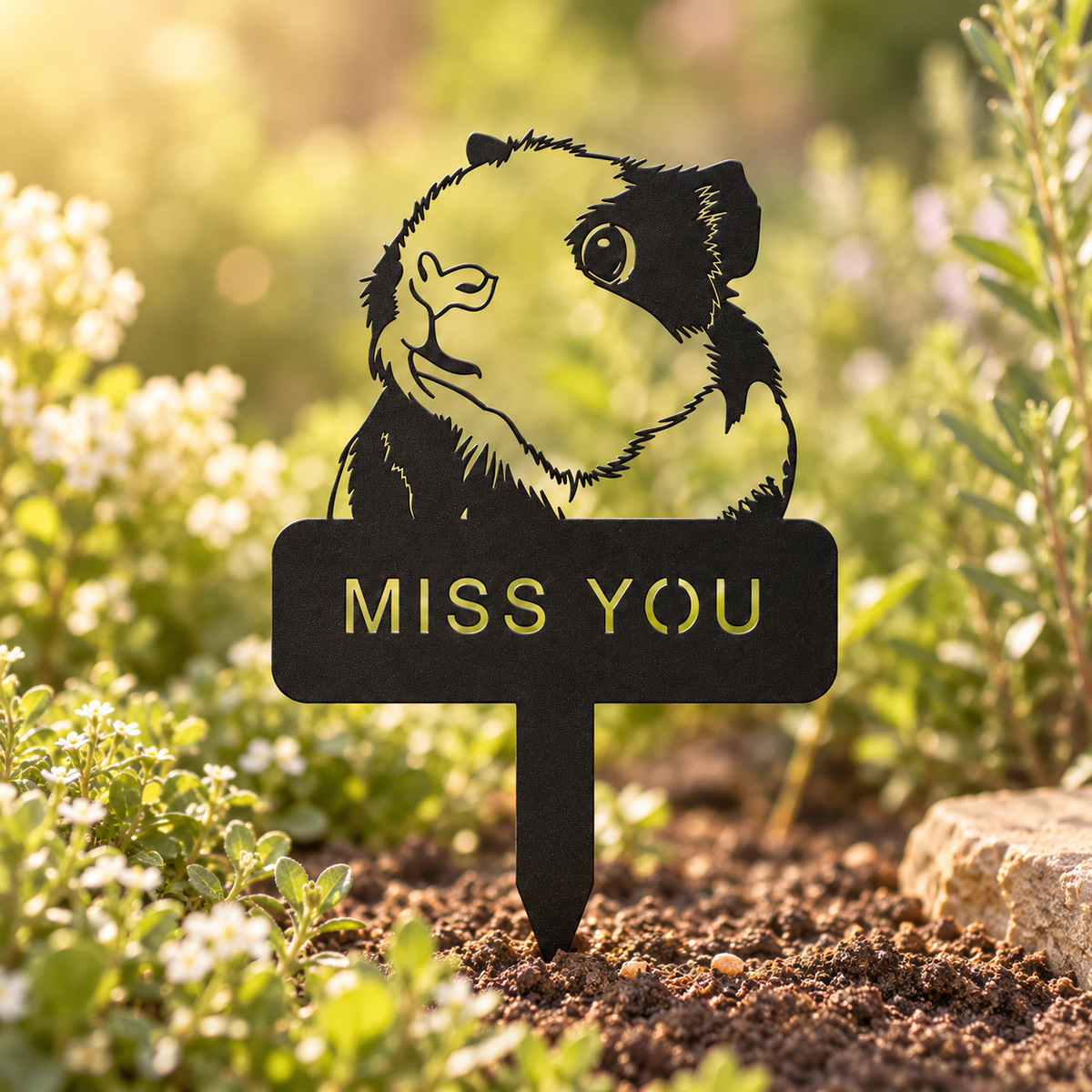 Black guinea pig memorial stake nestled among small white flowers and green garden plants