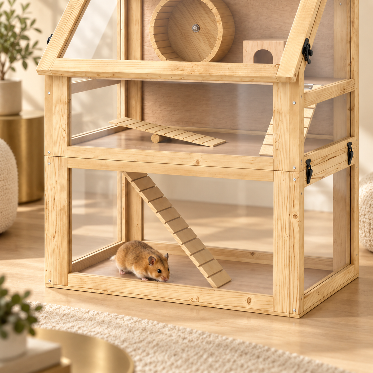 Hamster on the bottom floor of a three-tier wooden hamster cage with clear panels, ladders, a wheel and a small house