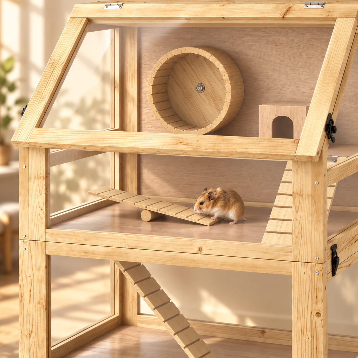 Close-up of a wooden hamster cage with a slanted clear lid, a wooden wheel, a small house and a hamster on a ramp