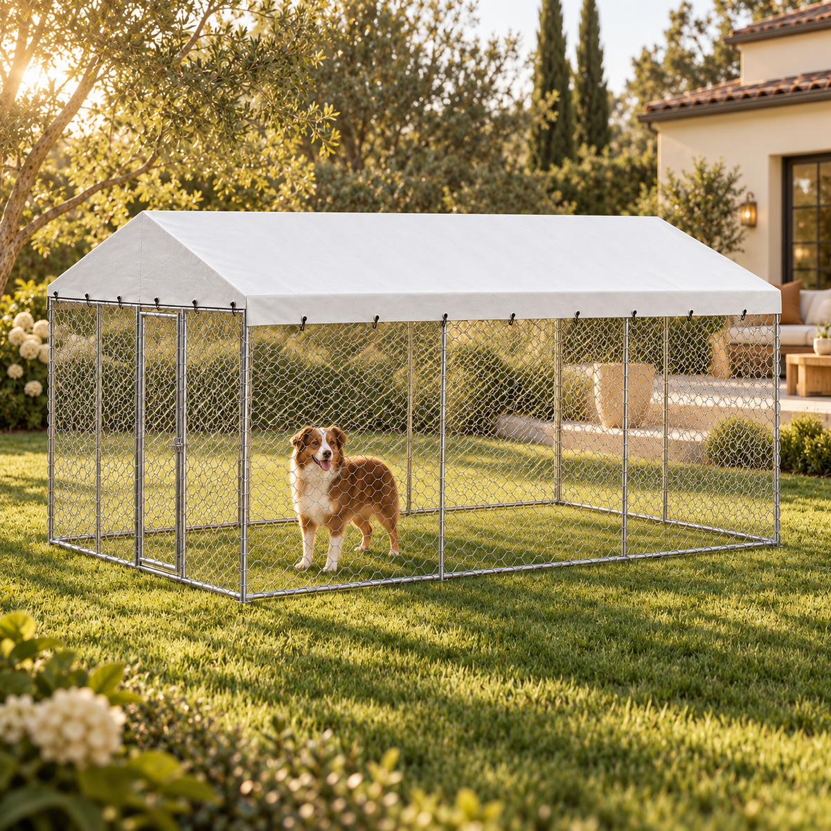 Australian shepherd standing inside a white-roofed galvanized chain-link outdoor dog kennel on a green lawn