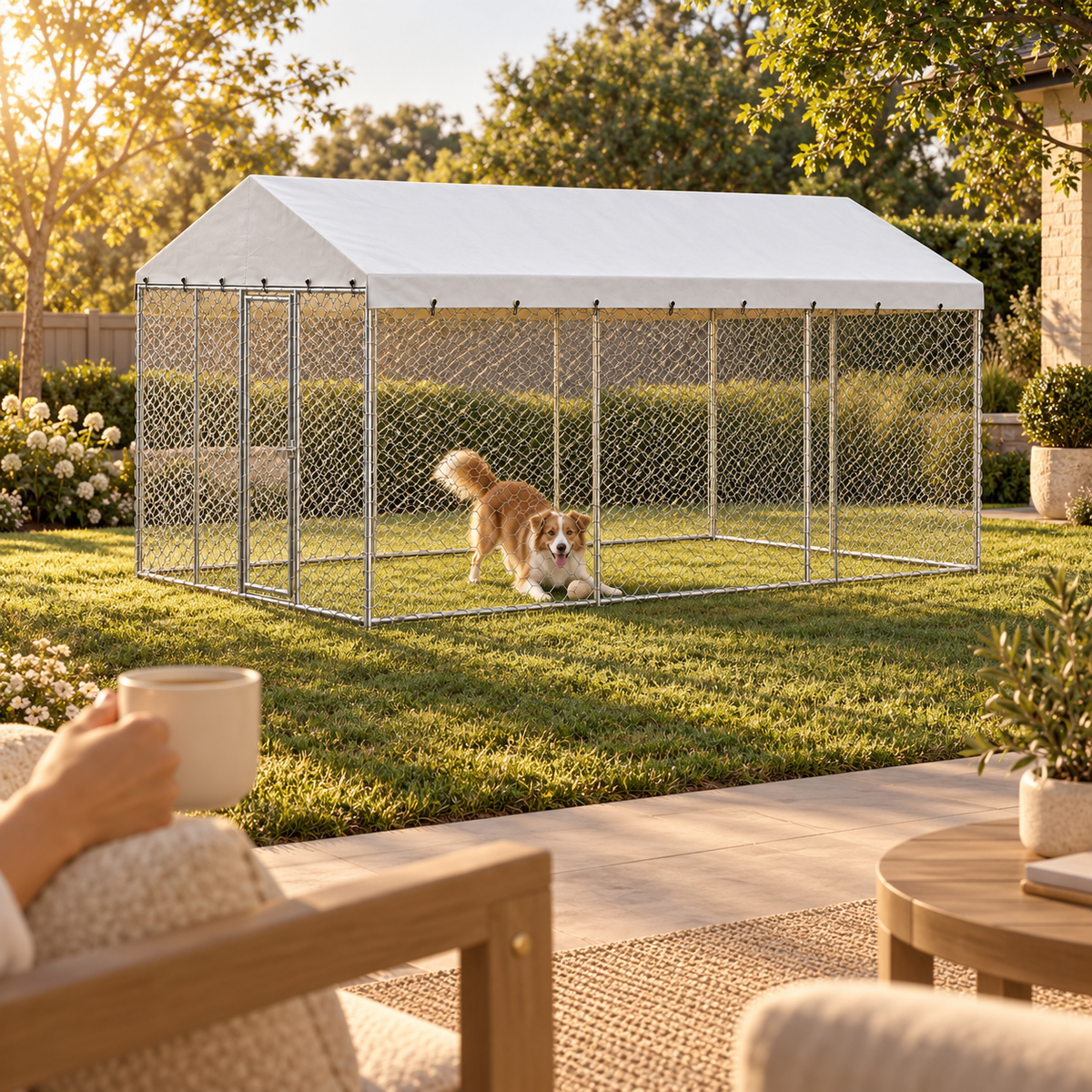 Small dog walking inside a large covered outdoor dog kennel while a person with a mug sits on a patio chair nearby