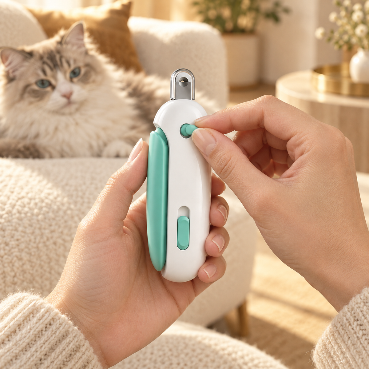 Fingers turning the round mint dial on a white nail clipper while a fluffy cat rests on a cream sofa behind