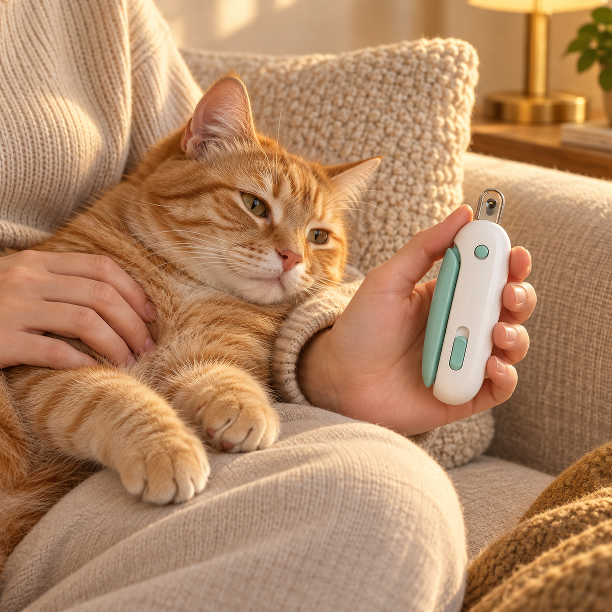 Ginger cat relaxing on a lap on a linen sofa while a hand holds a white and mint nail clipper during a pause