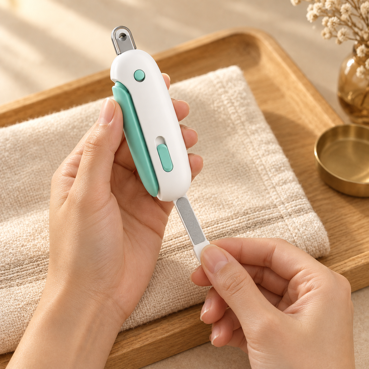 Hands sliding a slim nail file out of the bottom of a white clipper above a linen towel on an oak tray
