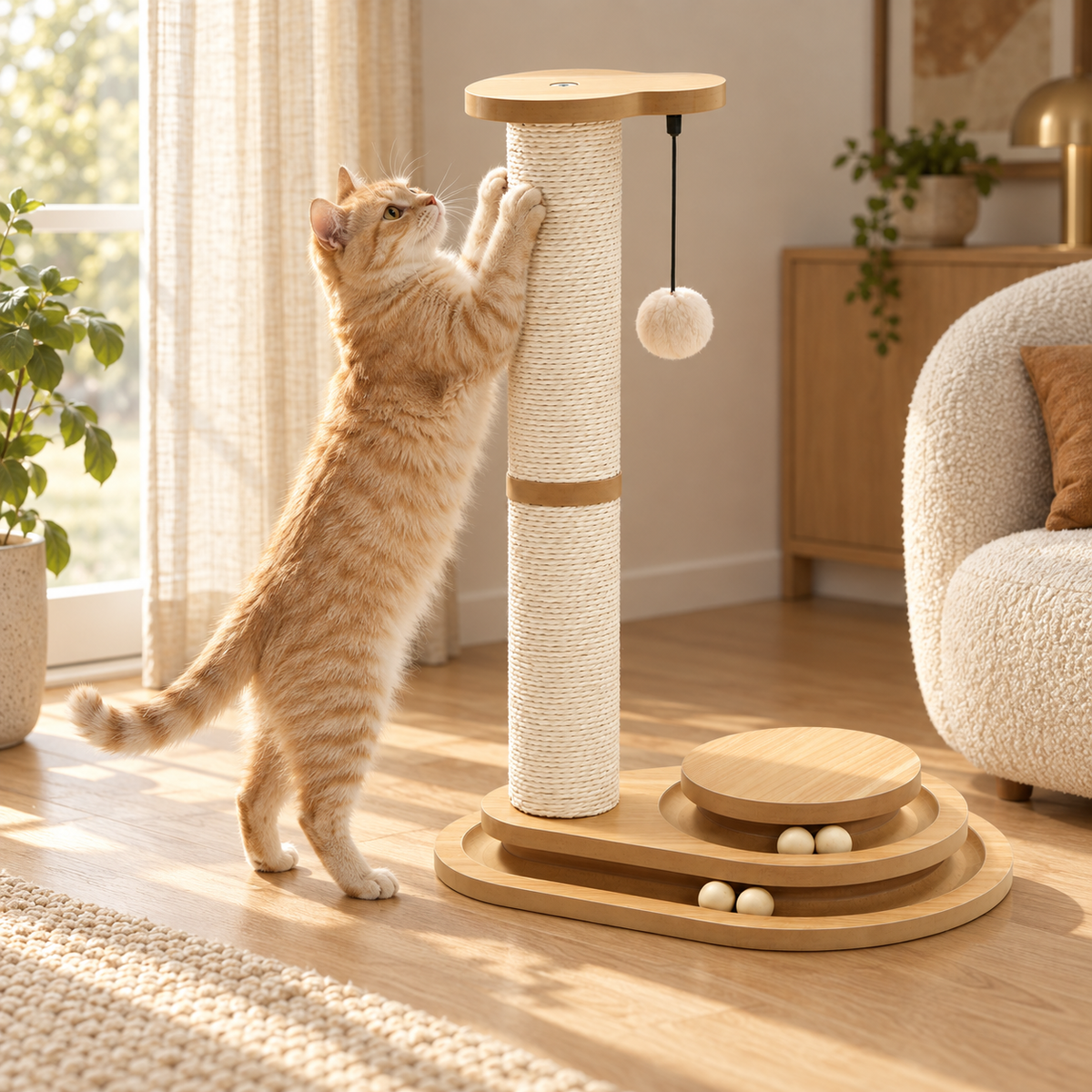 Ginger cat stretching up and scratching a sisal post with a ball track at its base