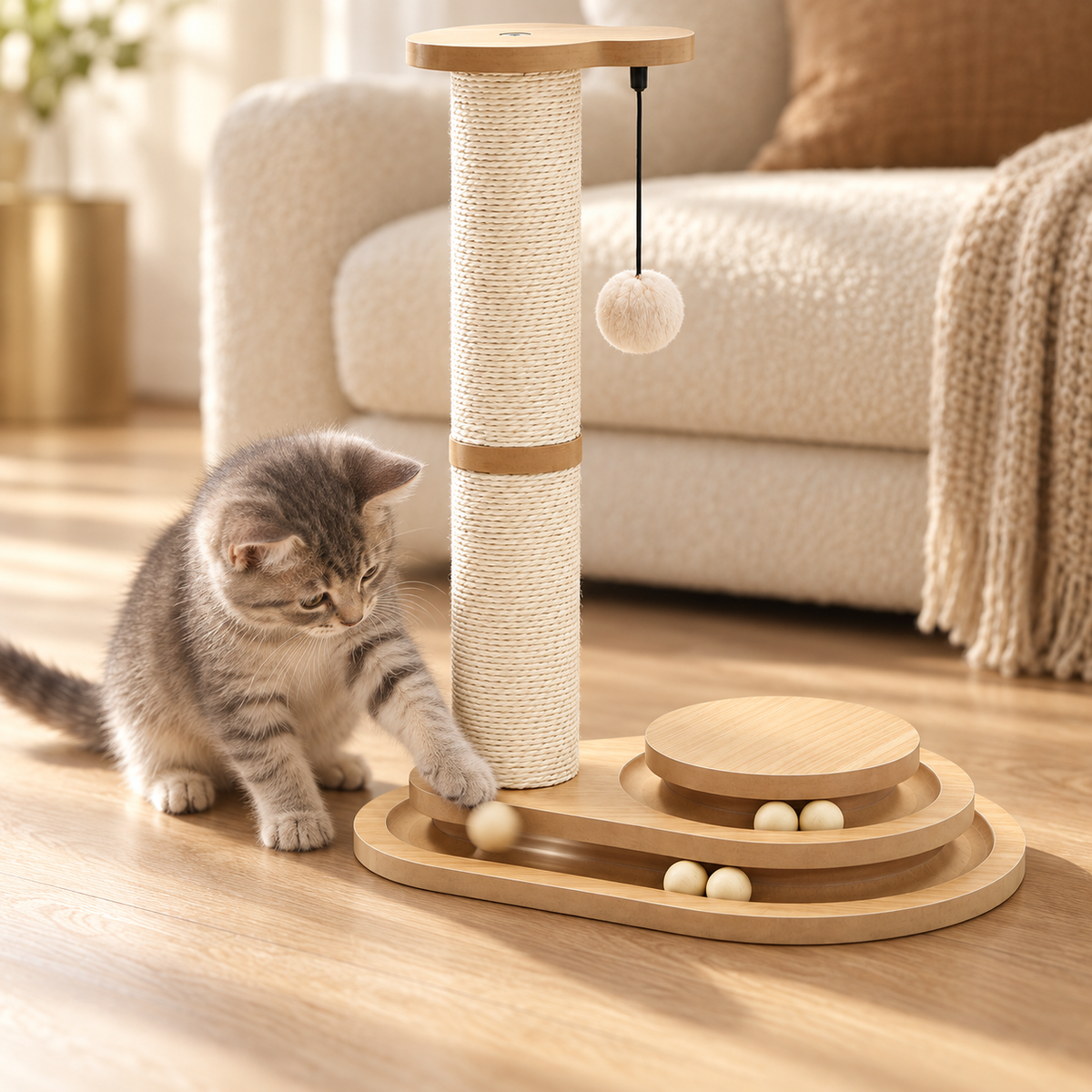 Gray kitten batting a wooden ball around the track at the base of the scratching post