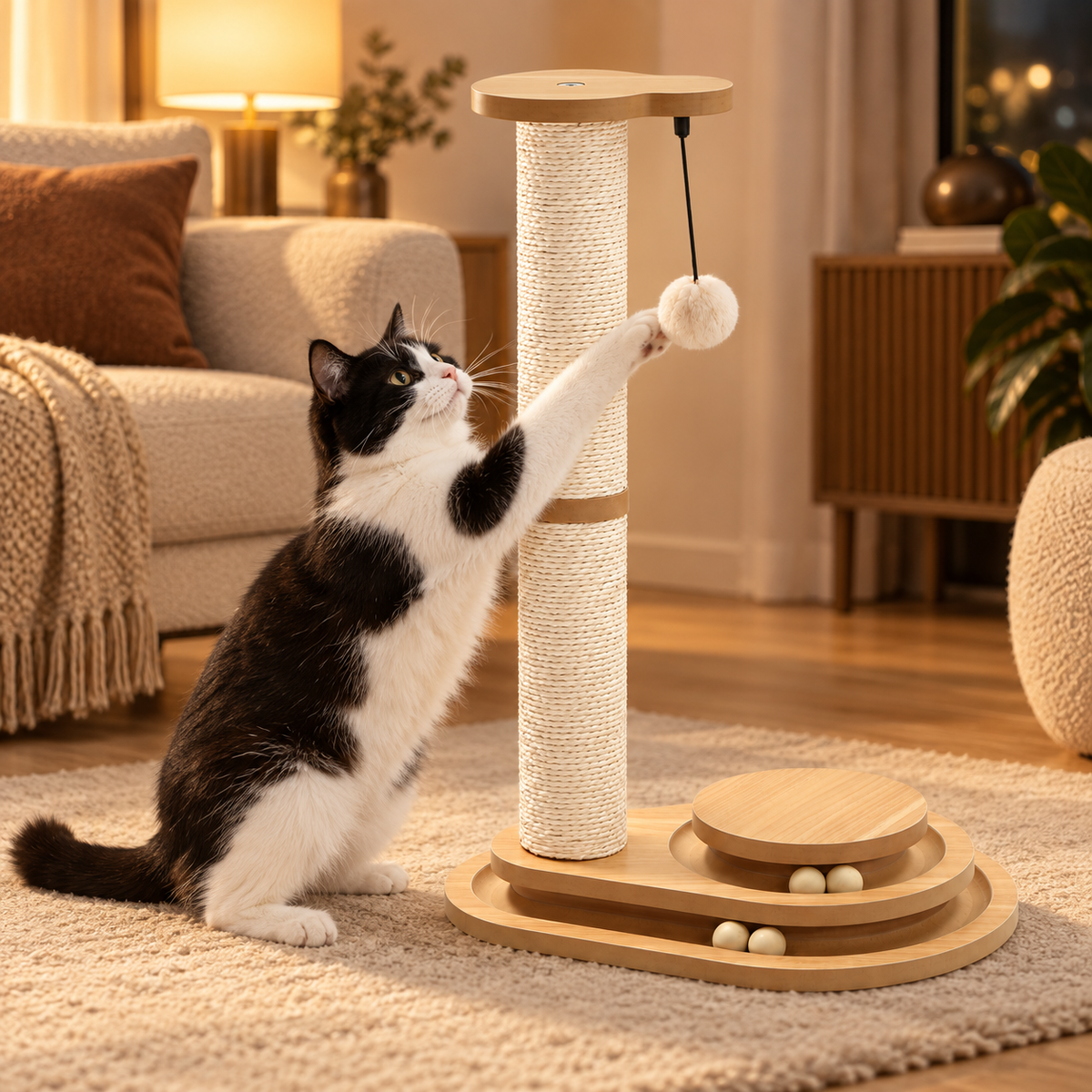 Black-and-white cat reaching up to swat the plush ball hanging from the scratching post