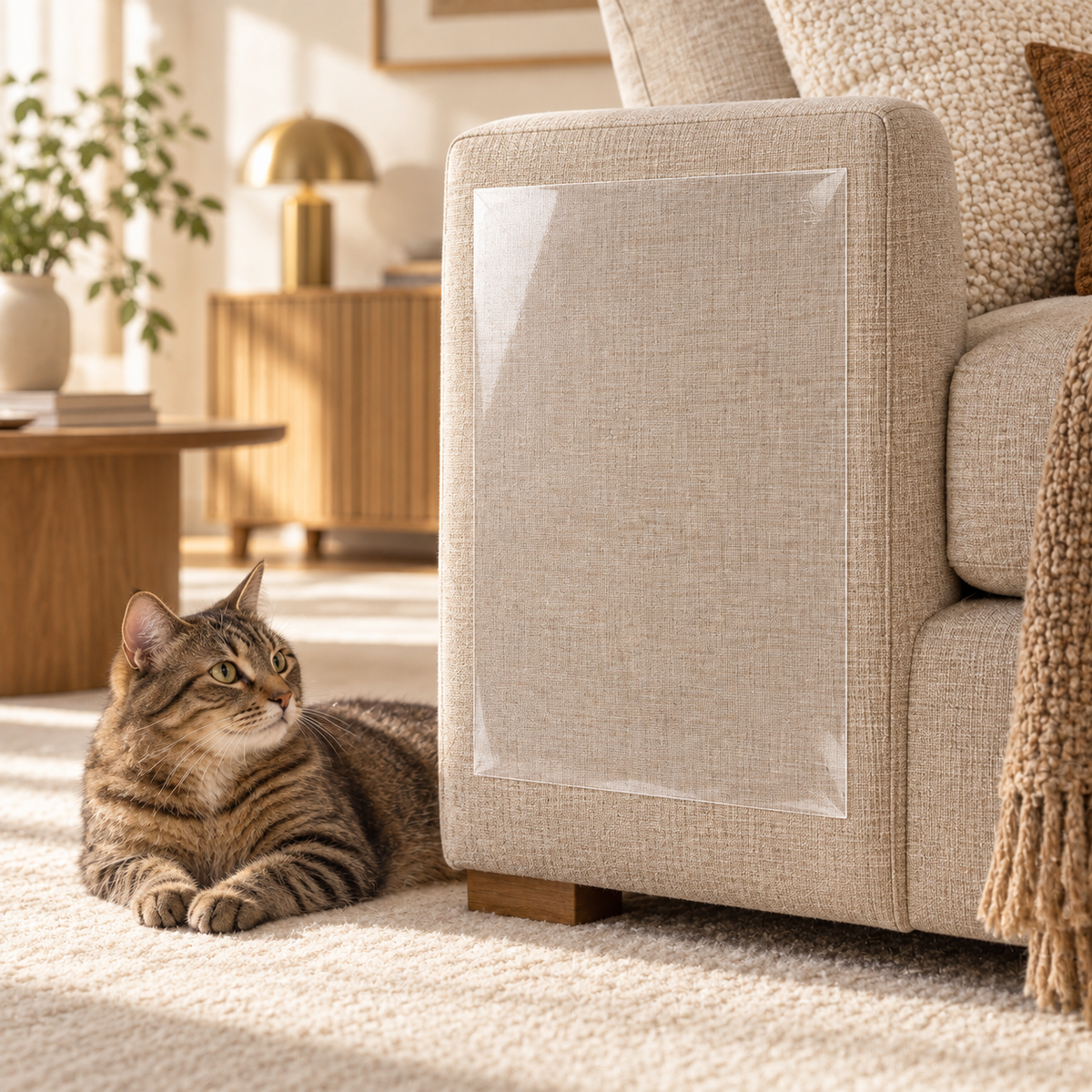 Tabby cat resting beside a beige sofa with a transparent rectangular sheet on the outside of its arm