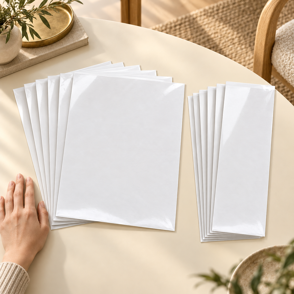 Hand beside two fanned groups of wide and narrow white-backed furniture protection sheets on a cream table