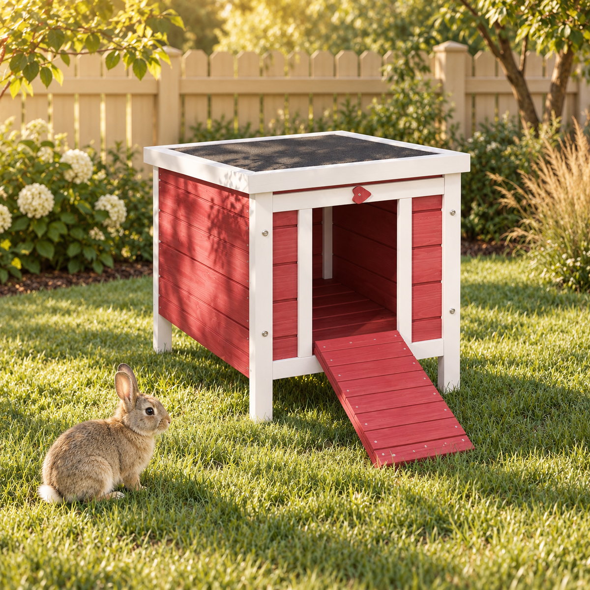 Brown rabbit on the lawn in front of a small red-and-white wooden rabbit house with its ramp lowered in a garden