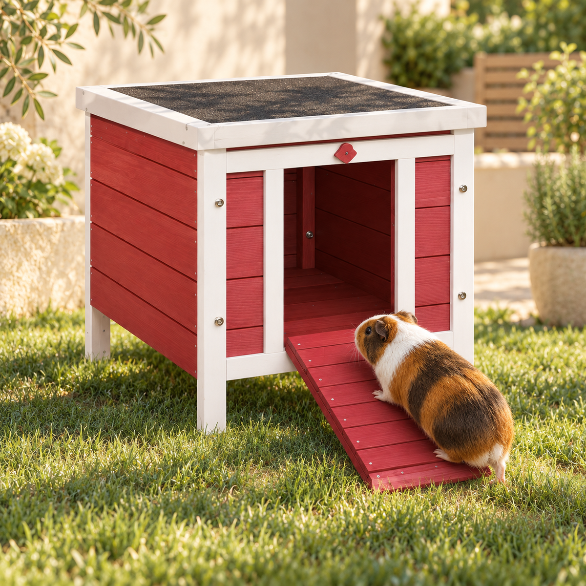 Tricolor guinea pig stepping onto the lowered red ramp of a red-and-white wooden rabbit house on the grass