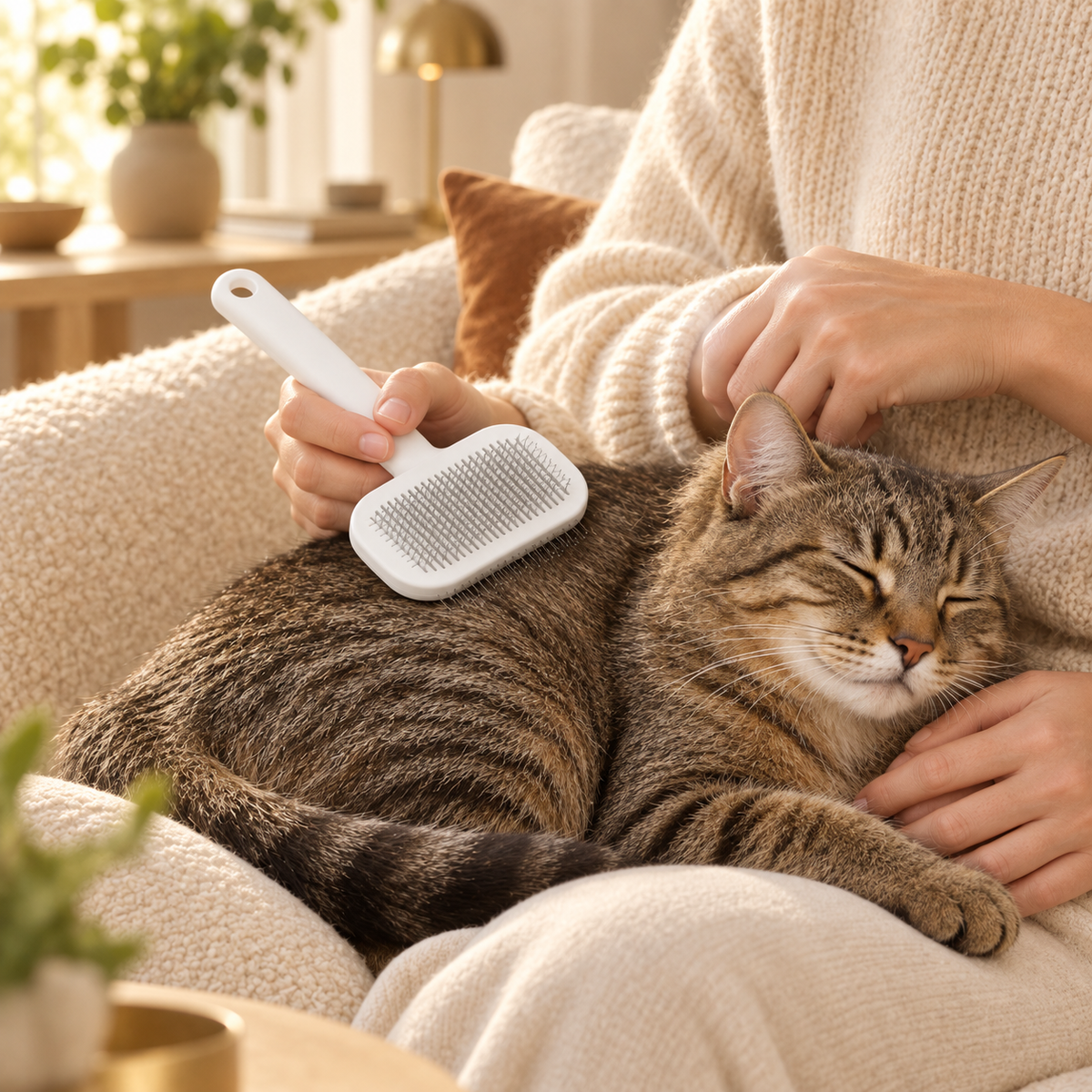 Person brushing a sleepy tabby cat on their lap with a white self-cleaning slicker brush