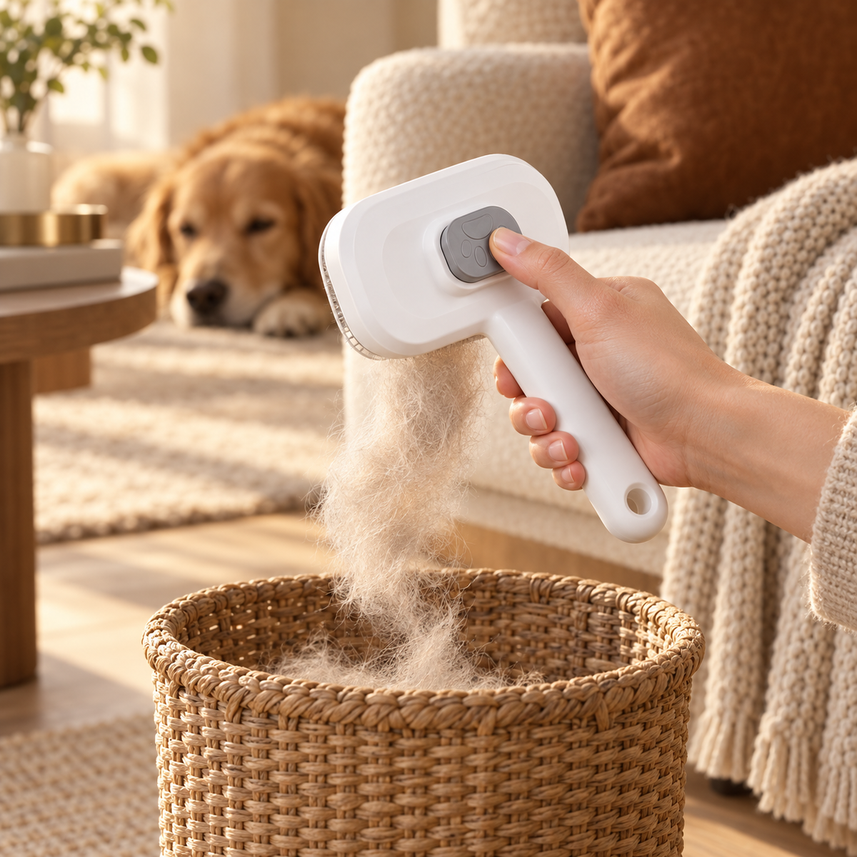 Hand pressing the button on a white self-cleaning slicker brush as fur falls into a woven basket, dog resting behind