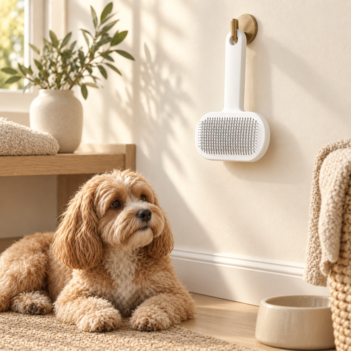 White slicker brush hanging from a wall hook beside a fluffy tan dog lying on a rug near a water bowl