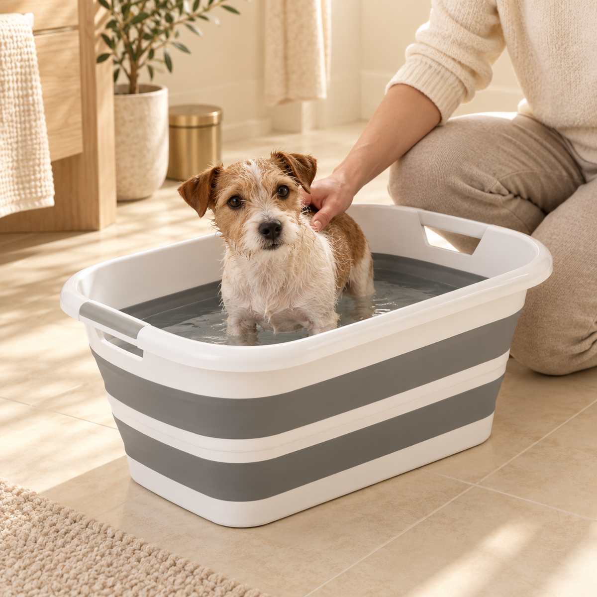 A small terrier bathing in a gray and white folding tub with an adult kneeling beside it and attending the dog.