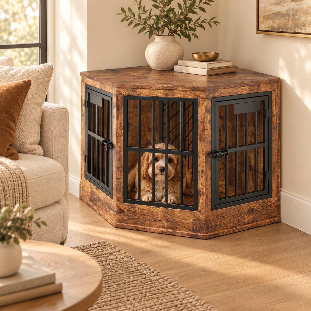 Rustic brown wood corner dog crate furniture with black metal doors and a small dog inside, plant and books on top