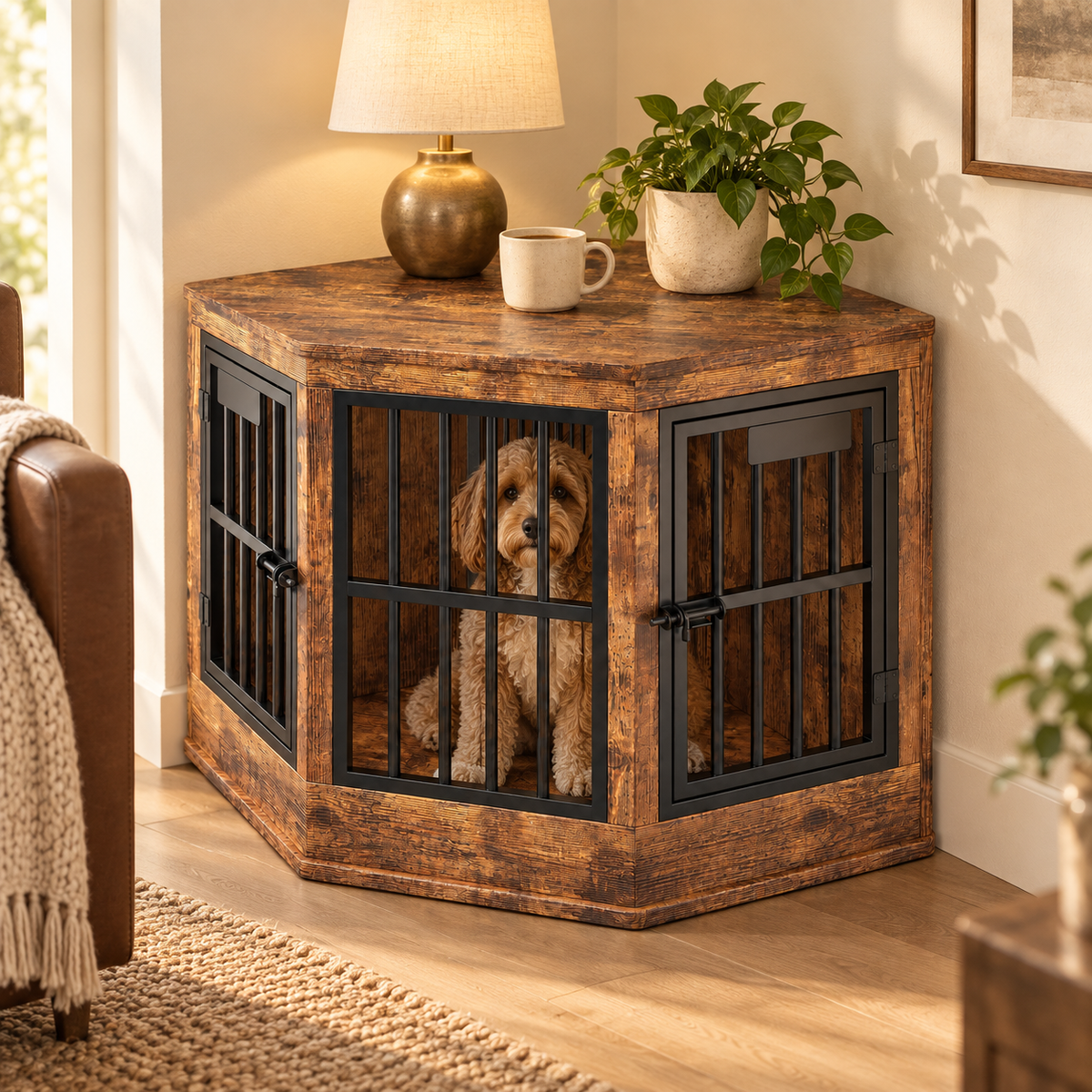 Corner dog crate table in rustic brown wood and black metal with a dog inside and a lamp and mug on the tabletop