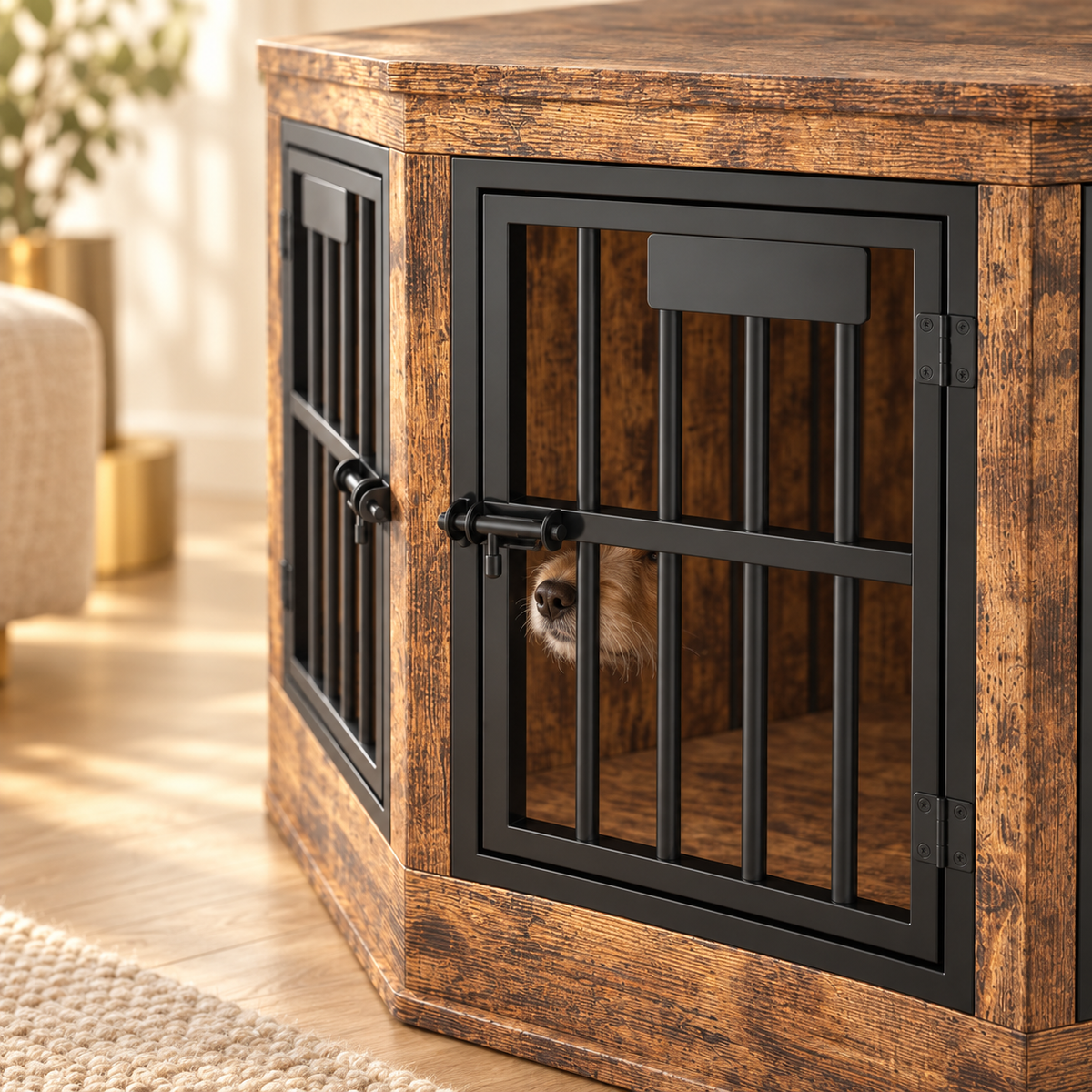 Close-up of a rustic brown wood dog crate end table with a black metal slatted door and latch, a dog visible inside