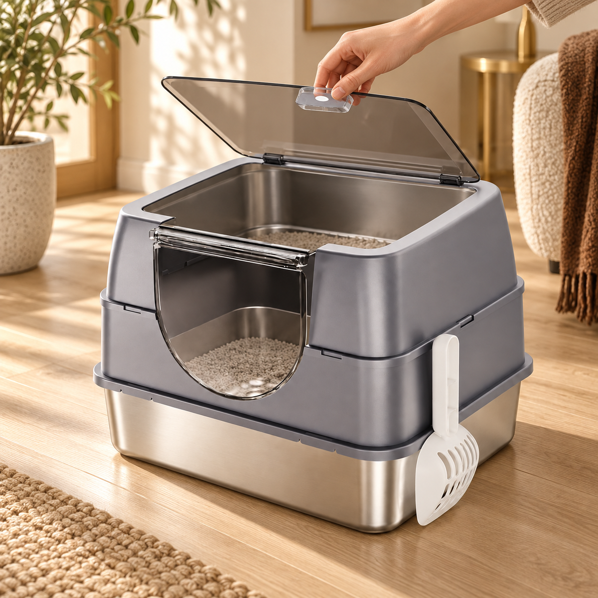 A hand opens the transparent roof above the steel basin and litter inside a gray covered cat litter box.