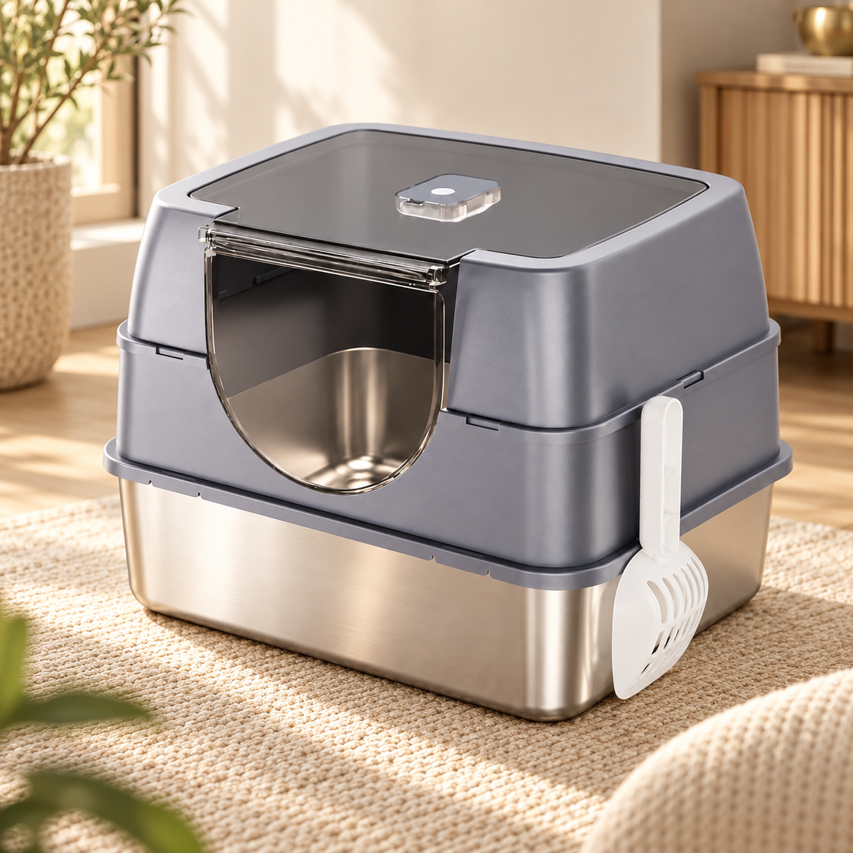 Gray covered litter box with a shiny steel basin, transparent roof and white scoop standing on a woven rug.