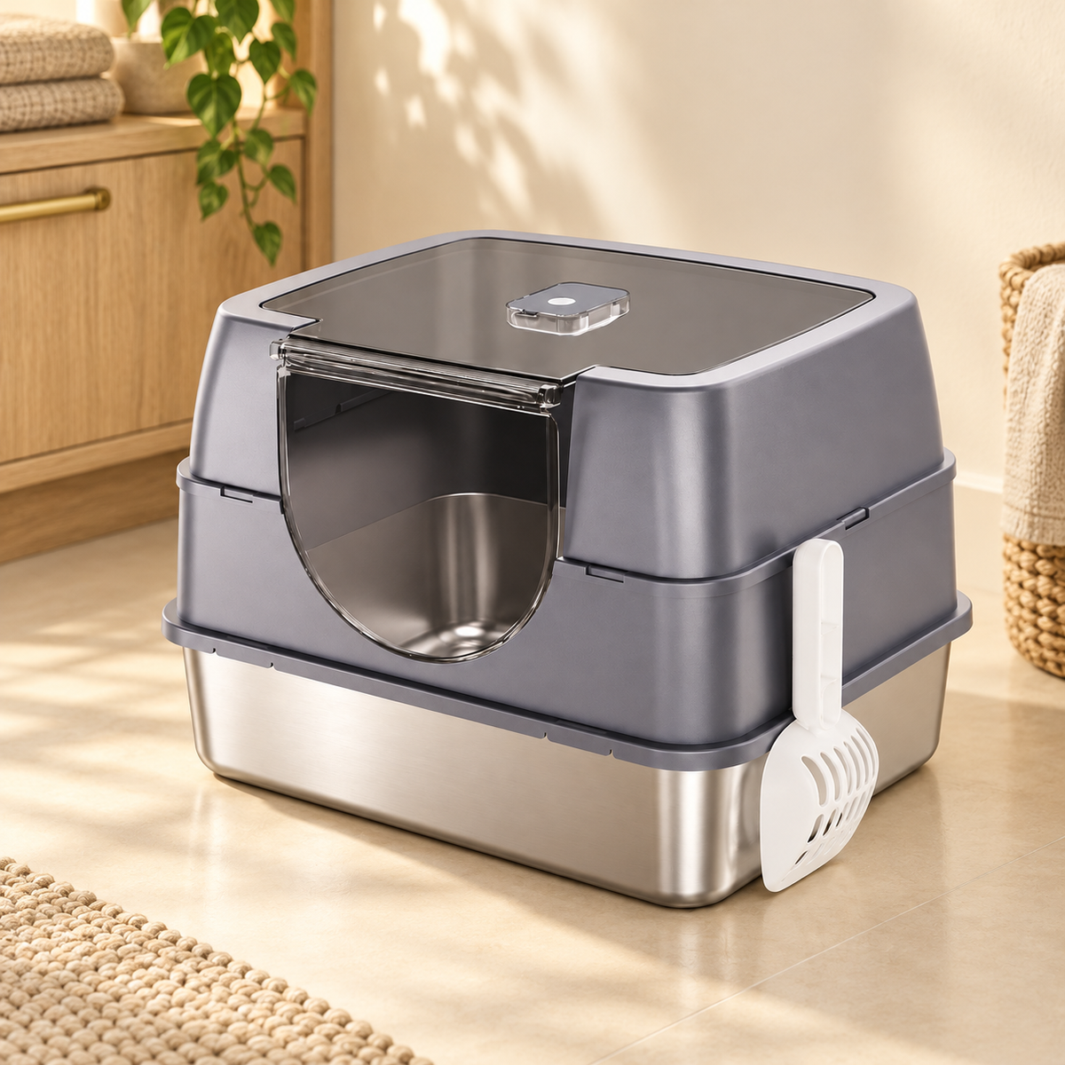 Gray and stainless steel cat litter box with its transparent lid closed and white scoop hanging from the side.