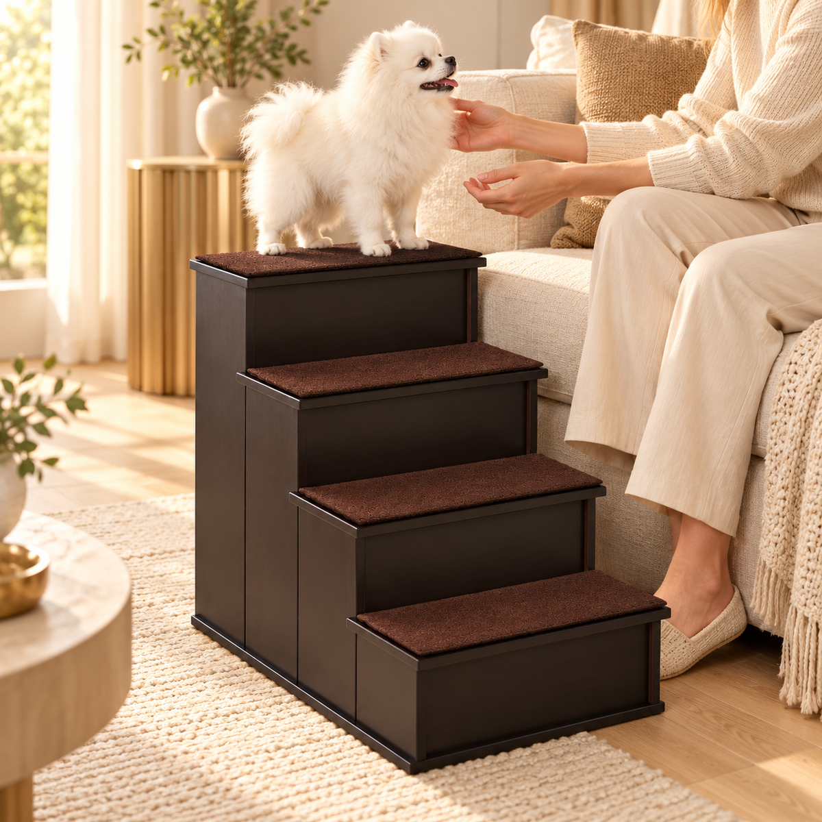 Small white fluffy dog on top of dark brown four-step dog stairs beside a sofa, a person gently petting it