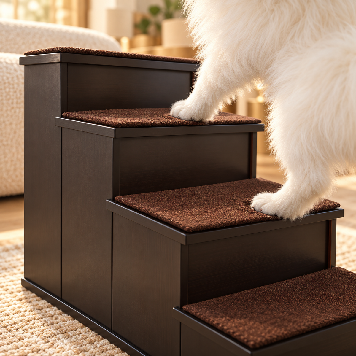 Close-up of a fluffy white dog's paws stepping onto the brown carpeted tread of dark wood dog stairs