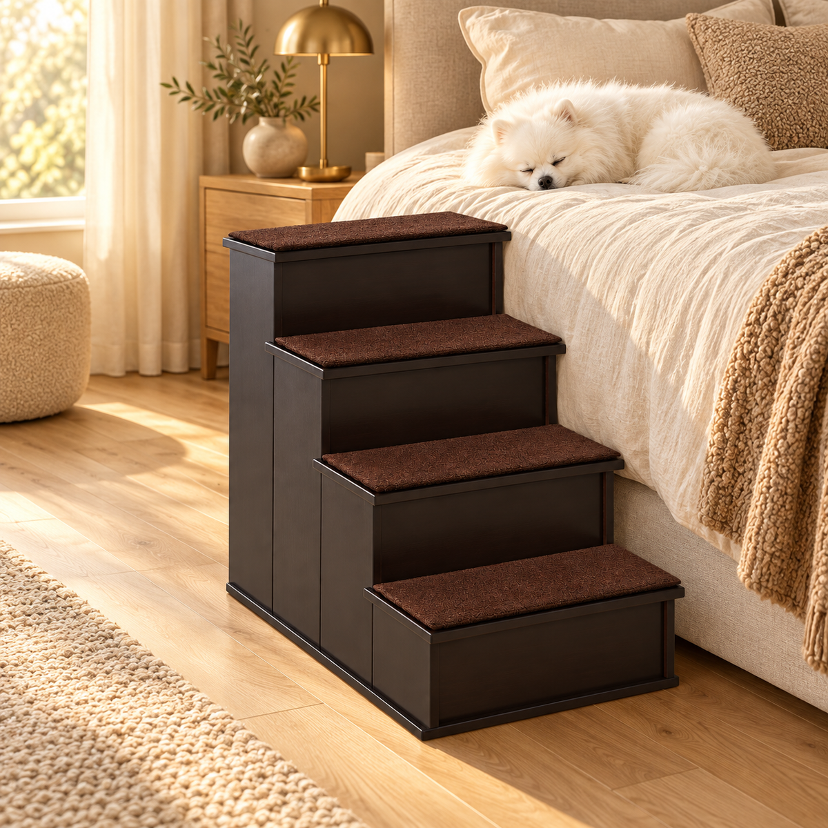 Dark wood four-step dog stairs with brown carpet treads beside a bed where a small white dog is resting