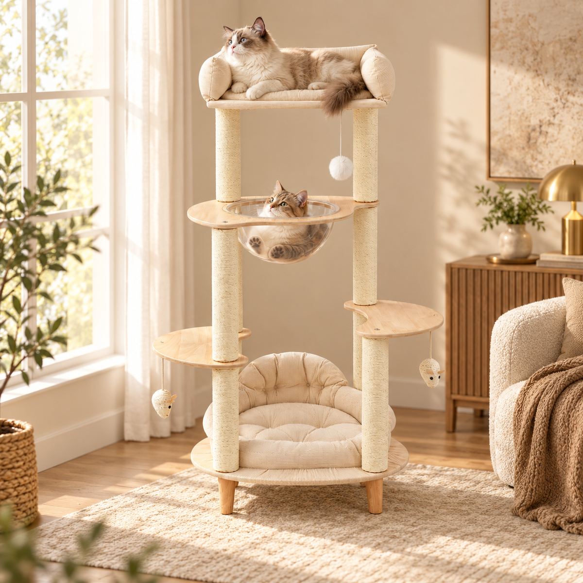 Cream wooden cat tree with sisal posts: one cat on the top bed, another in a clear dome hammock, a cushion bed below