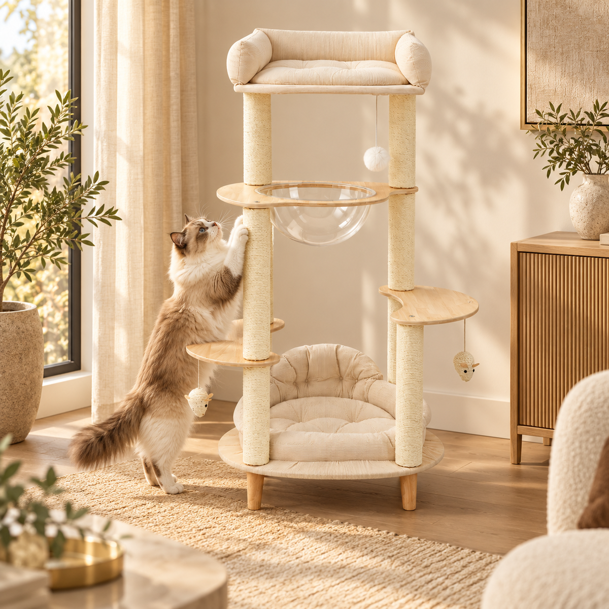 Ragdoll cat reaching up to scratch the sisal post of a cream four-tier wooden cat tree with a clear bubble and cushions