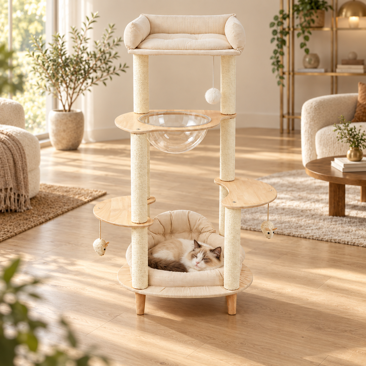 Cream four-tier wooden cat tree with sisal posts, a clear dome and a round cushion bed where a ragdoll cat curls up
