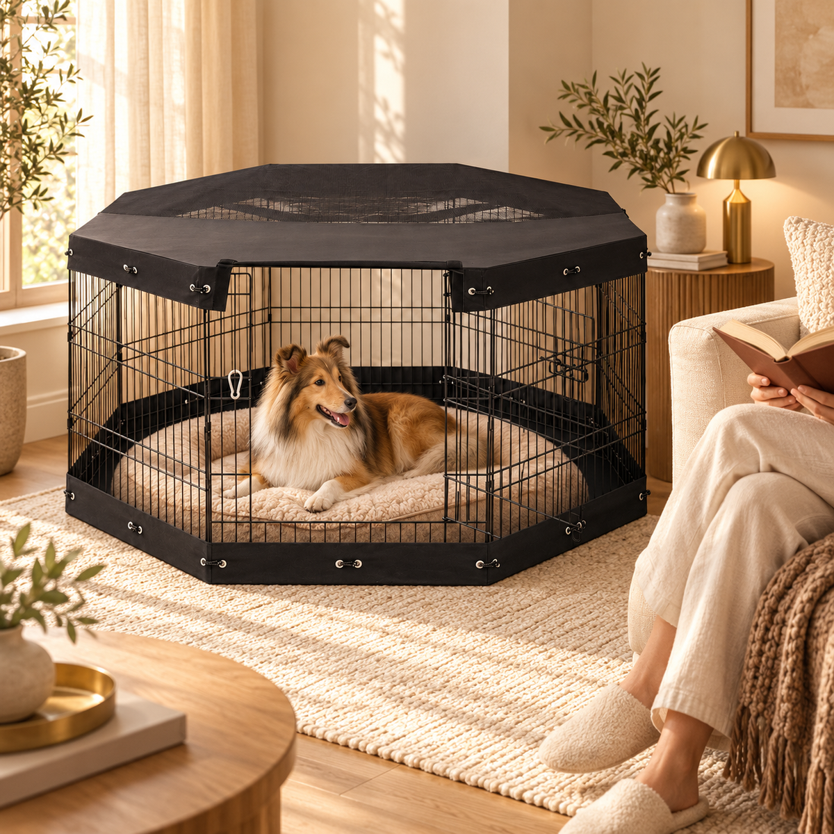 Black metal octagonal dog playpen with a fabric cover, a collie lying on a cushion inside beside a seated person