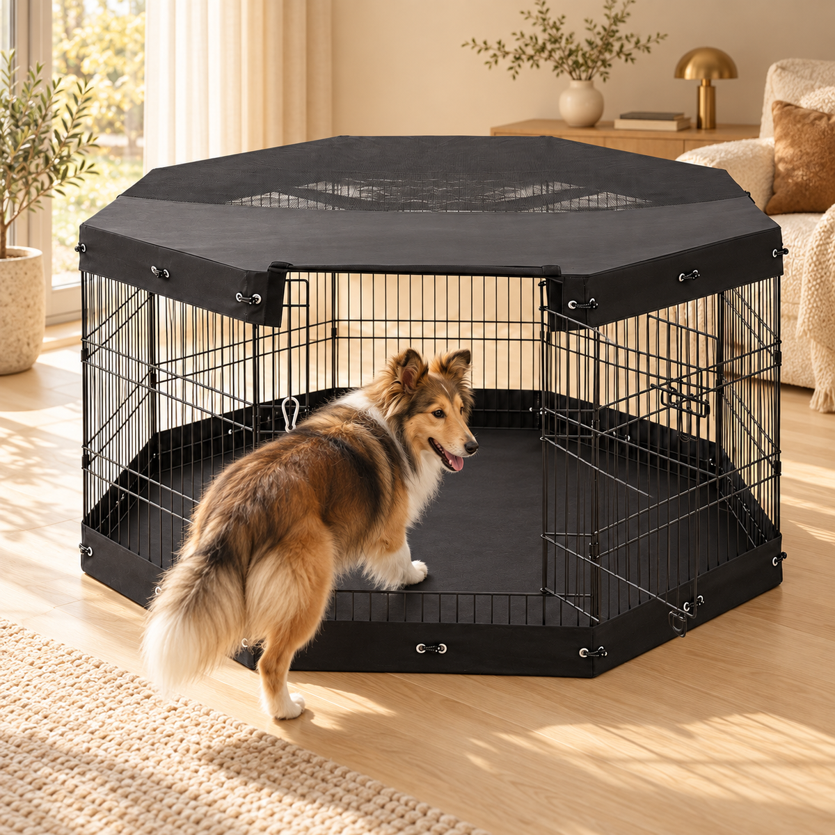 Collie walking through the open door of an octagonal black wire dog playpen with a black fabric top and floor