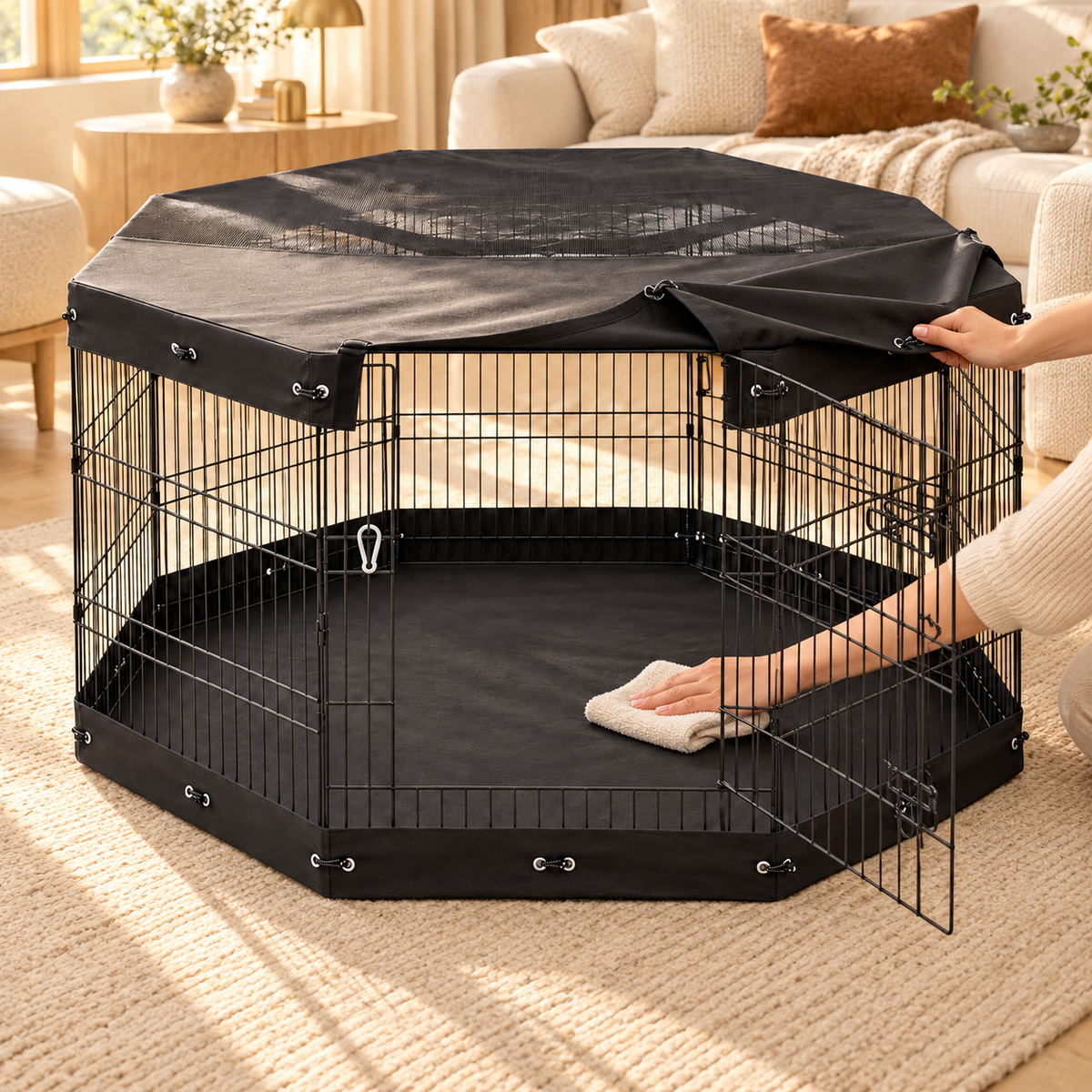 Person wiping the black floor liner of a covered wire dog playpen with a cloth as a door panel stands open