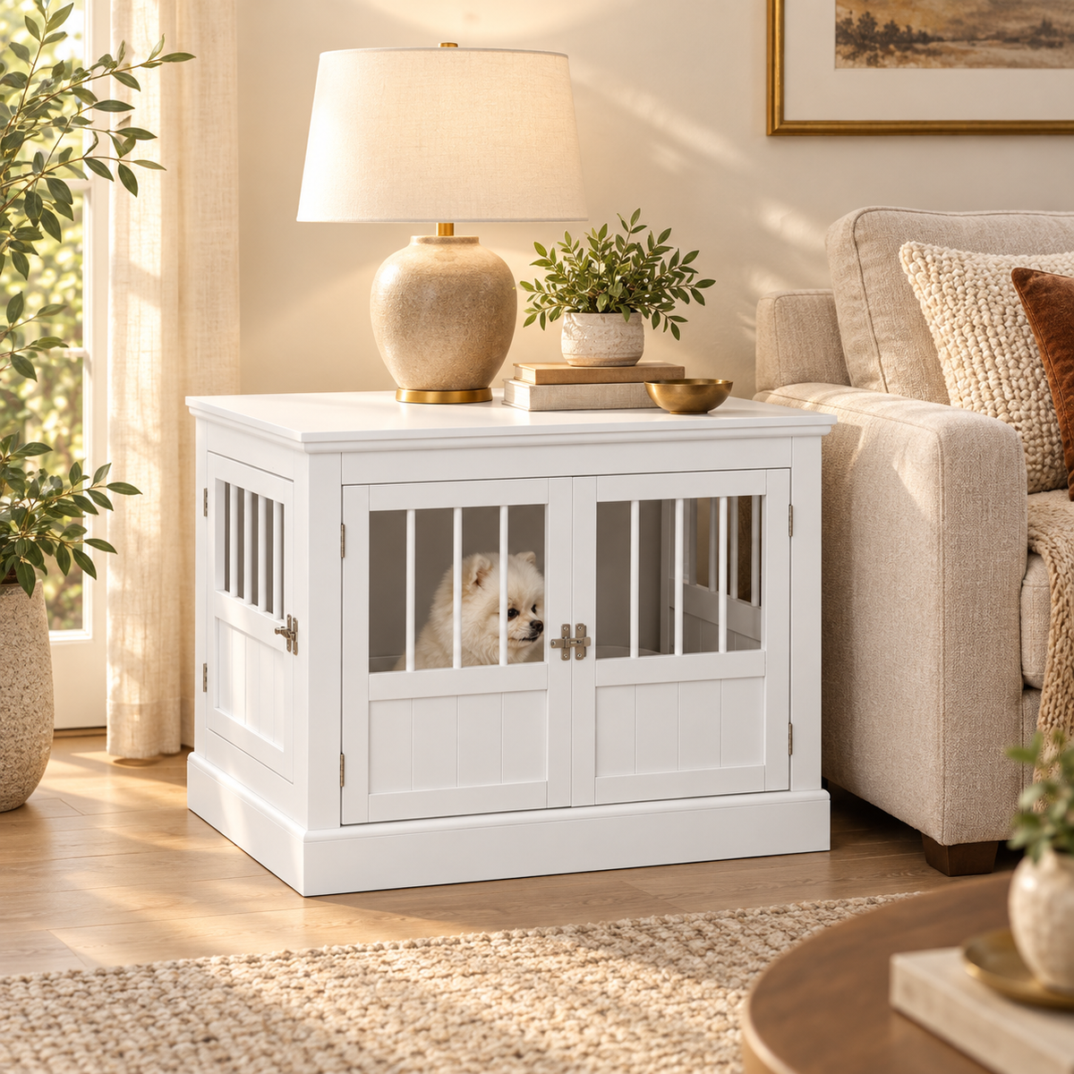 Small white dog resting inside a white wooden dog crate end table with slatted windows, lamp and plant on top